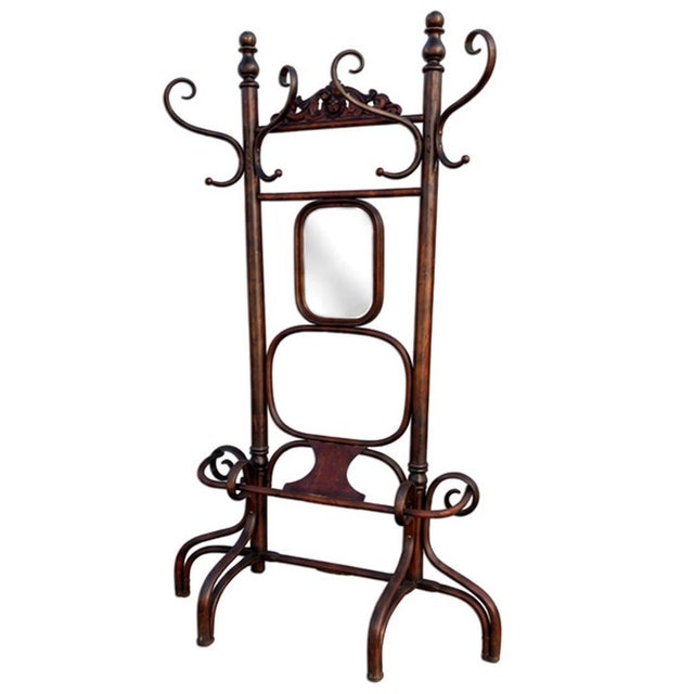 Victorian 1900s Rare Vienna Secession Bent Oak Hall Tree W/ Mirror by D. G. Fischel & Sons For Sale - Image 3 of 9