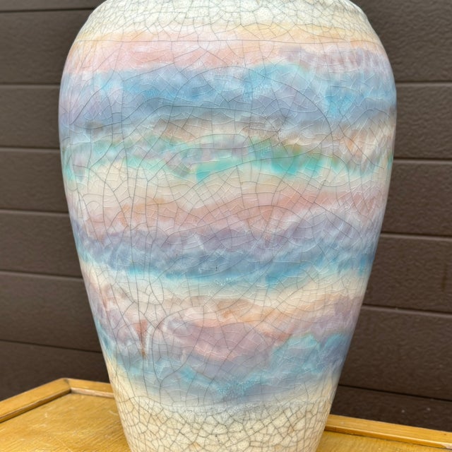 Postmodern Vintage Sunset Rainbow Crackle Glazed Ceramic Table Lamp For Sale - Image 3 of 12