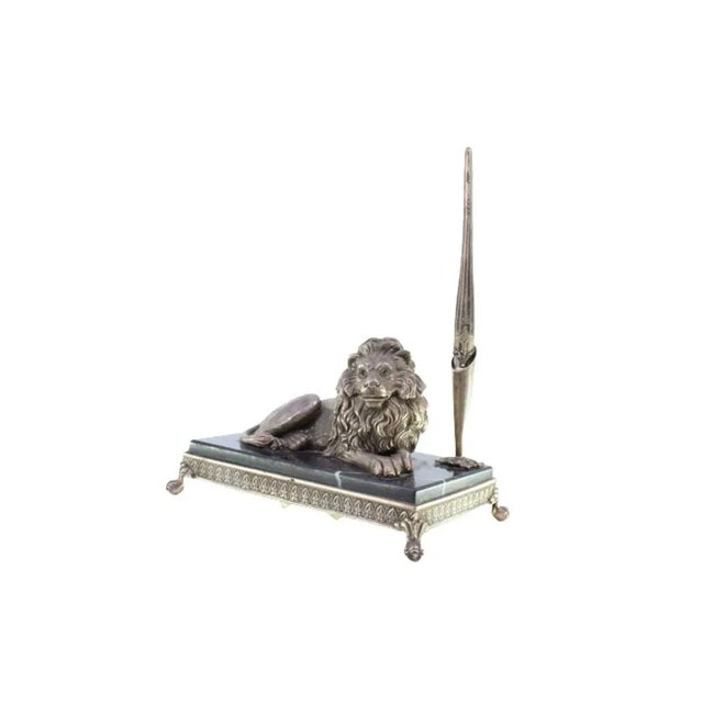 Silver Inkwell with Lion Figure and Pen on Marble and Silver Base with Claw-Shaped Feet For Sale - Image 9 of 9