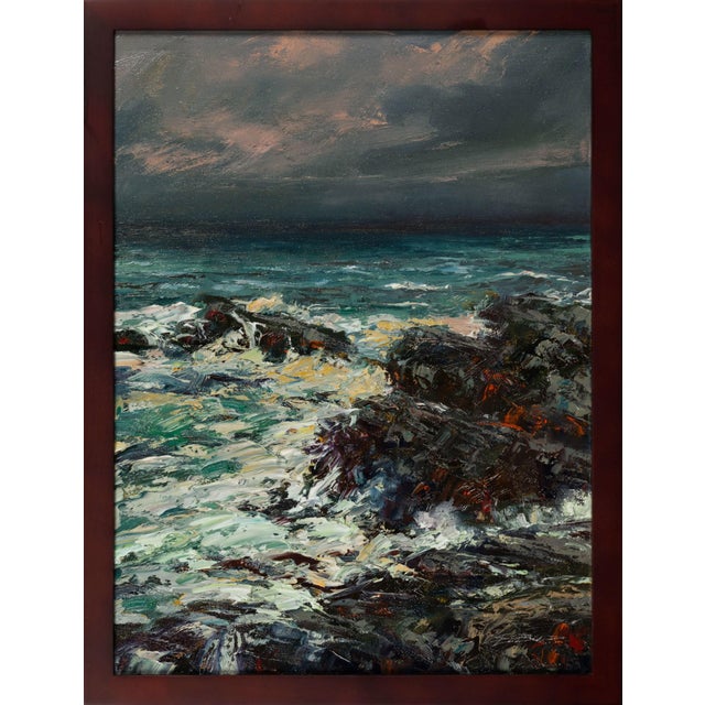 This oil on canvas artwork captures a tumultuous coastal scene, where dark storm clouds loom over crashing waves that...