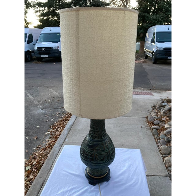 Mid 20th Century Manner of James Mont Chalkware Table Lamp in Patinated Bronze With Giant Barrel Shade - a Pair For Sale - Image 5 of 13