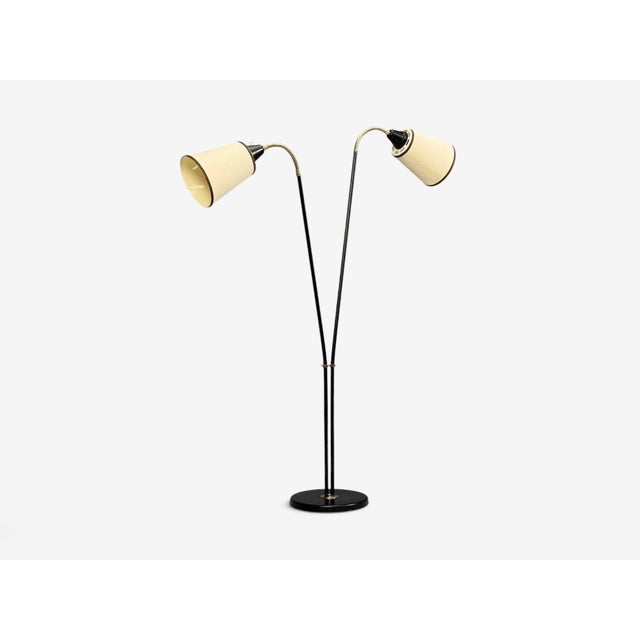 1960s Swedish Modern, Floor Lamp, Black Lacquered Metal, Brass, Fabric For Sale - Image 4 of 12