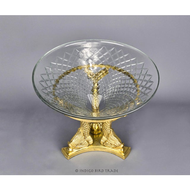 19th Century Antique French Crystal Bowl on Bronze Dolphin Koi Fish Pedestal Centerpiece For Sale - Image 5 of 10