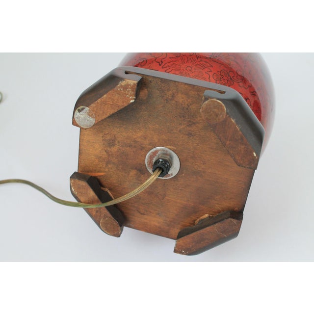 Vintage Frederick Cooper Asian Style Dark Red Ceramic and Wood Table Lamp W/ Floral Motif For Sale - Image 12 of 13