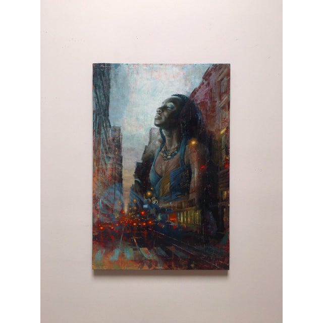 Regal Blue depicts a serene figure enveloped in a vibrant blue garment, set against a bustling urban backdrop. The...