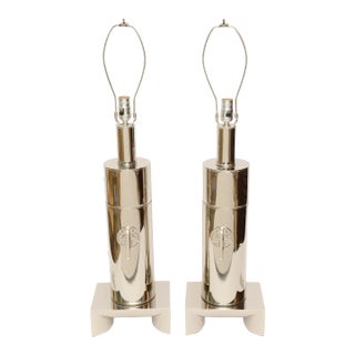 Vintage James Mont Style Nickel Silver Lamps With Asian Medallions Pair of 60's Restored For Sale