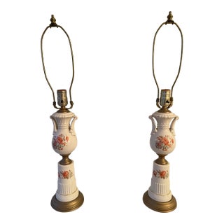 Pair of Early 19th Century Floral Ceramic Lamps With Arms For Sale