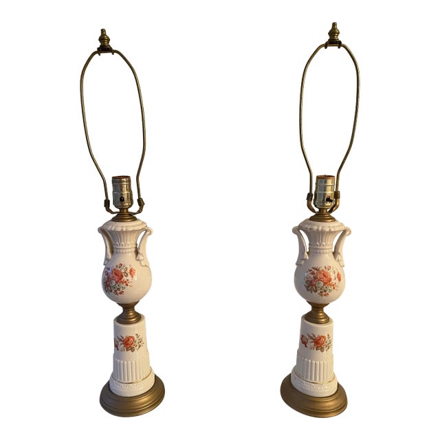 Pair of Early 19th Century Floral Ceramic Lamps With Arms For Sale