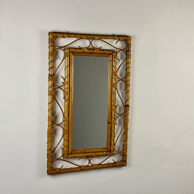 Brown Mid-Century Modern Bamboo Rattan Wall Mirror, Italy, 1960s For Sale - Image 8 of 8