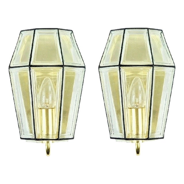 Mid-Century Modern Glass and Brass Wall Sconces from Limburg, Germany, 1960s, Set of 2 For Sale