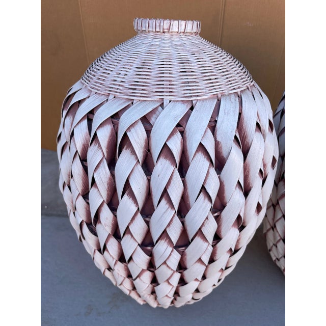 Pair of 2 Woven Palm/Rattan Urn Shape Basket Vase's For Sale - Image 4 of 7