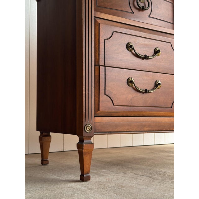 Vintage Ward Walnut Nine-Drawer Triple Dresser With Fluted Details For Sale - Image 10 of 16