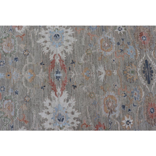 Modern Oushak Rug by Keivan Woven Arts, Muted Greens & Florals 9'0 X 12'4 For Sale - Image 11 of 15