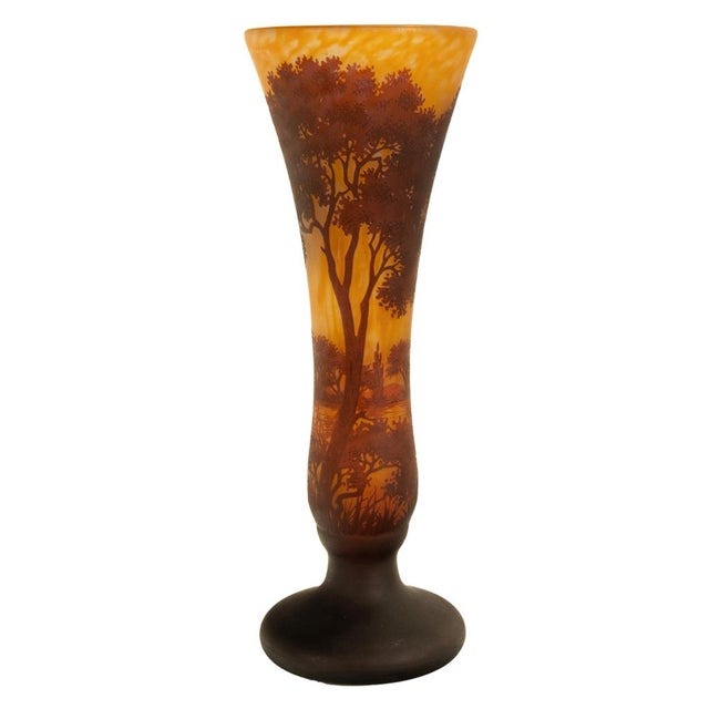 French Large Antique French Art Nouveau Daum Nancy Cameo Tree Landscape Glass Vase 1900 For Sale - Image 3 of 18