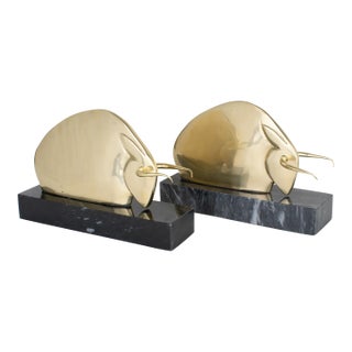 Art Deco Polished Brass and Marble LongHorn Bull Bookends For Sale