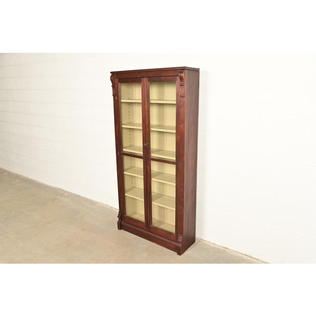 Victorian Antique American Empire Carved Walnut Bookcase Cabinet, Circa 1900 For Sale - Image 3 of 12
