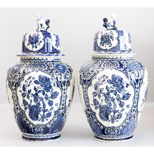 Delft Large Mid-Century Dutch Delft Lidded Ginger Jars Vases - A Pair For Sale - Image 4 of 14