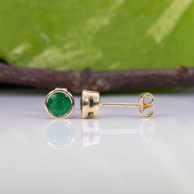 Natural Zambian Emerald Solitaire Stud Earrings: Solid 14k Gold Bezel Set Studs, Pair For Sale - Image 4 of 7