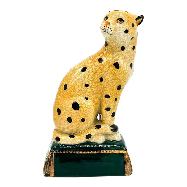 Vintage Staffordshire Style Crackle Glazed Ceramic Cheetah on Green Pillow – Hollywood Regency / Safari Chic For Sale