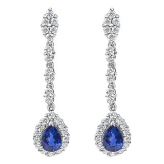 18K White Gold 1 3/5 Cttw Diamond and 7X5 MM Pear Shaped Blue Sapphire 1 1/3 Inch Drop and Dangle Halo Earrings, A Pair (G-H Color, VS1-VS2 Clarity) For Sale