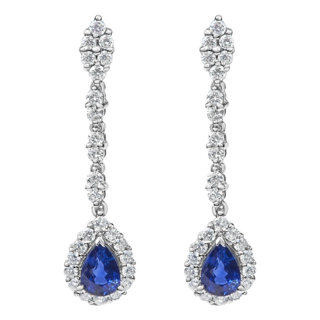 18K White Gold 1 3/5 Cttw Diamond and 7X5 MM Pear Shaped Blue Sapphire 1 1/3 Inch Drop and Dangle Halo Earrings, A Pair (G-H Color, VS1-VS2 Clarity) For Sale