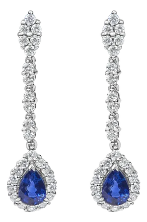 18K White Gold 1 3/5 Cttw Diamond and 7X5 MM Pear Shaped Blue Sapphire 1 1/3 Inch Drop and Dangle Halo Earrings, A Pair (G-H Color, VS1-VS2 Clarity)
