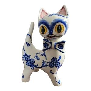 Vintage Italian Blue and White Glazed Cat With Bowtie