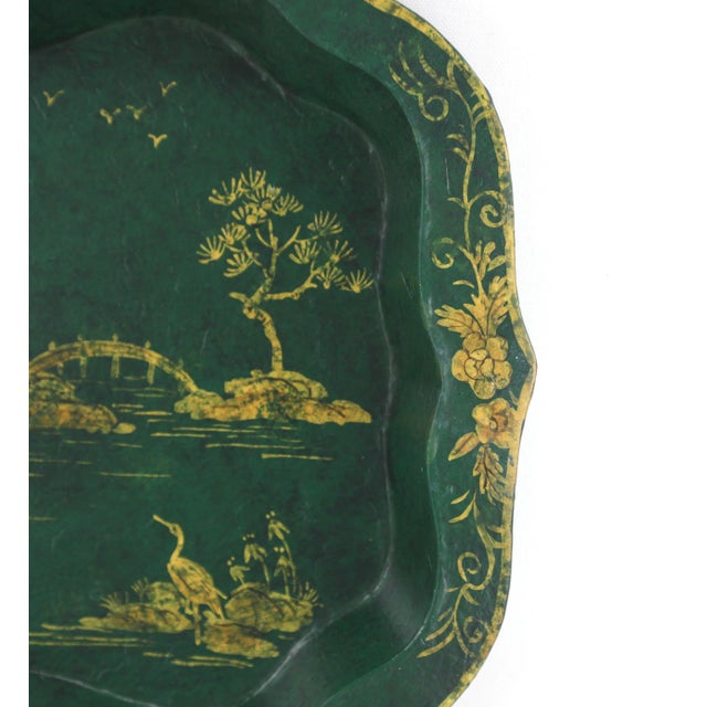 Green Vintage Green Hand Painted Gold Chinoiseries Style Patterned Plate Tray For Sale - Image 8 of 10