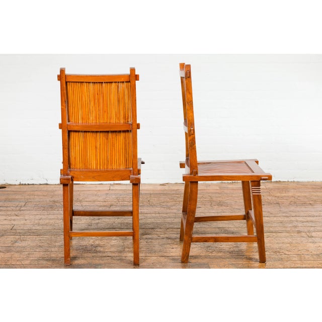 Rustic Wooden Side Chairs with Bamboo Slats, Distressed Finish and Tapered Legs - A Pair For Sale - Image 3 of 12
