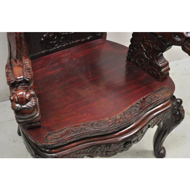 Wood Antique Japanese Export Carved Hardwood Foo Dog Figural Throne Desk Arm Chair For Sale - Image 7 of 12