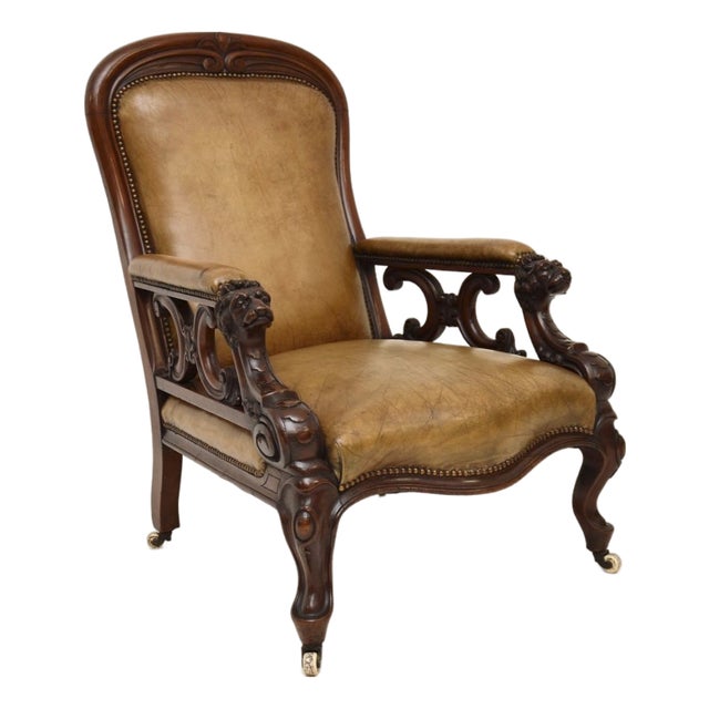 Antique Victorian Carved Leather Chair, 1850s For Sale