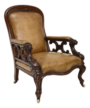 Antique Victorian Carved Leather Chair, 1850s