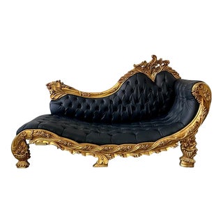 French Baroque Style Black Leather Chaise Lounge For Sale