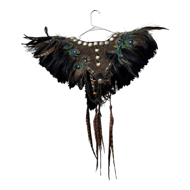 Custom Bohemian Leather and Peacock Feather Wall Display Sculpture For Sale