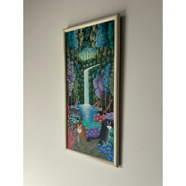 Vintage Haitian Folk Art Wildlife Jungle Scene Oil on Canvas – Framed For Sale - Image 4 of 13
