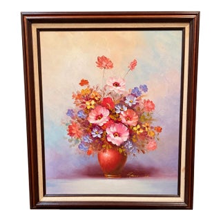 Vintage Robert Cox Signed Original Oil Painting Floral Still Life Framed 29” For Sale