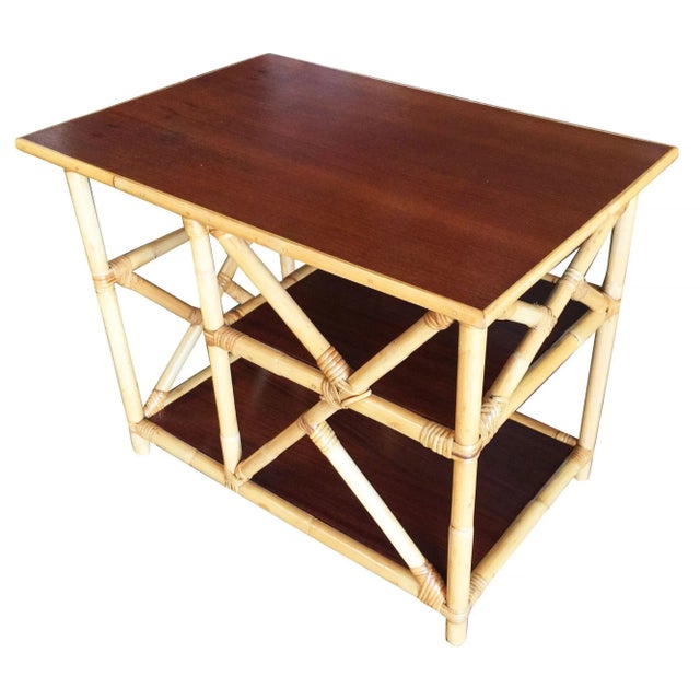 1940s side table in the manner of Paul Frankl feature with three-tier, solid mahogany shelves. Restored to new for you....