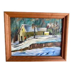 Vintage Wpa Style Winter Scene Painting Signed Heldman