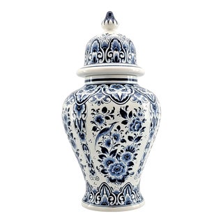 Large Vintage Delft Porcelain Ceramic Blue and White Ginger or Temple Jar - Hand Painted With Flowers and Birds - Signed: Delft Made in Holland For Sale