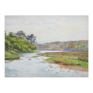 Late 19th Century French Plein Air River Landscape Watercolor Painting For Sale