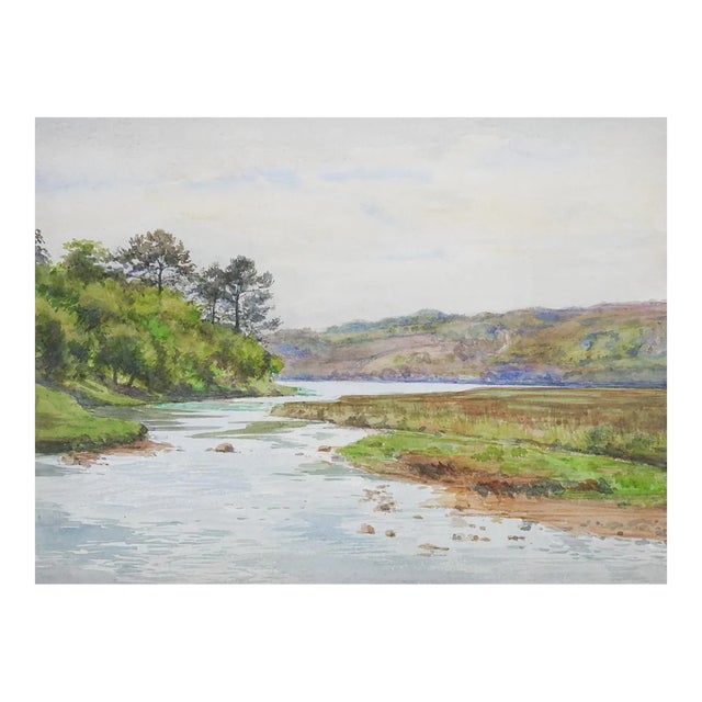Late 19th Century French Plein Air River Landscape Watercolor Painting For Sale