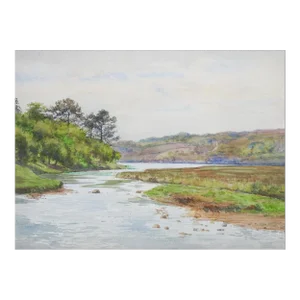 Late 19th Century French Plein Air River Landscape Watercolor Painting