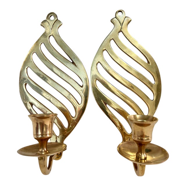 Late 20th Century Solid Brass Cutout Design Wall Candle Sconces - A Pair For Sale