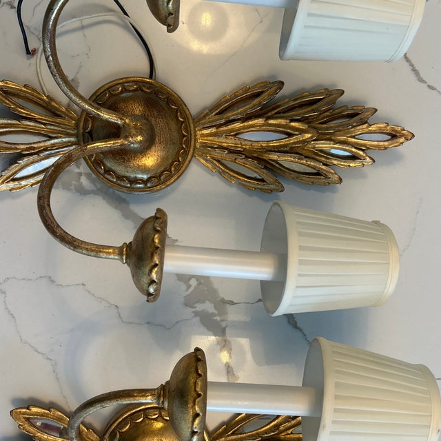 Gold Vintage Mid-Century Italian Giltwood & Mirror Wheat Sheaf Two-Light Wall Sconces - a Pair For Sale - Image 8 of 12