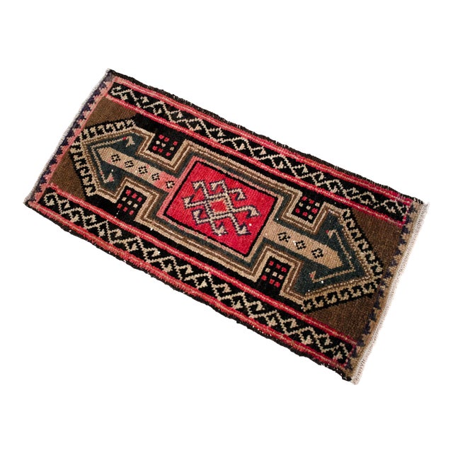 1980s Hand Knotted Small Turkish Rug Bath MatFront of Kitchen Sink Rug Mini Runner 1'6" X 3' For Sale