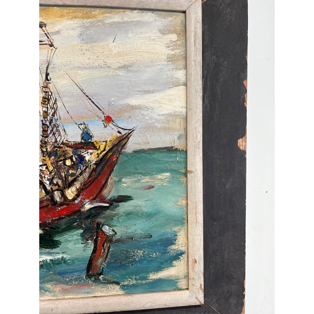 1950s Mid Century Acrylic on Board Painting of a Boat at Sea For Sale In New York - Image 6 of 12