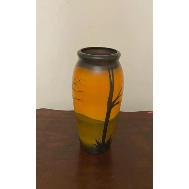 Antique French Muller Freres Style Cameo Hand Painted Vase cylinder body dark ambers, browns and hues. Beautiful piece....