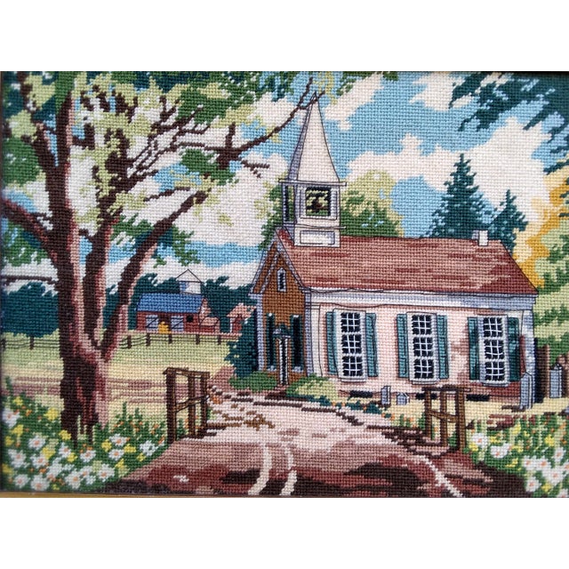 1970s Framed Needlepoint Country Scene Church With Steeple For Sale - Image 11 of 12