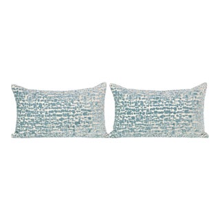 One Pair of Velvet Lumbar Pillows Animal Print Custom Down and Feather Spa Blue on a Linen Ground 24 Wide X 14 High For Sale
