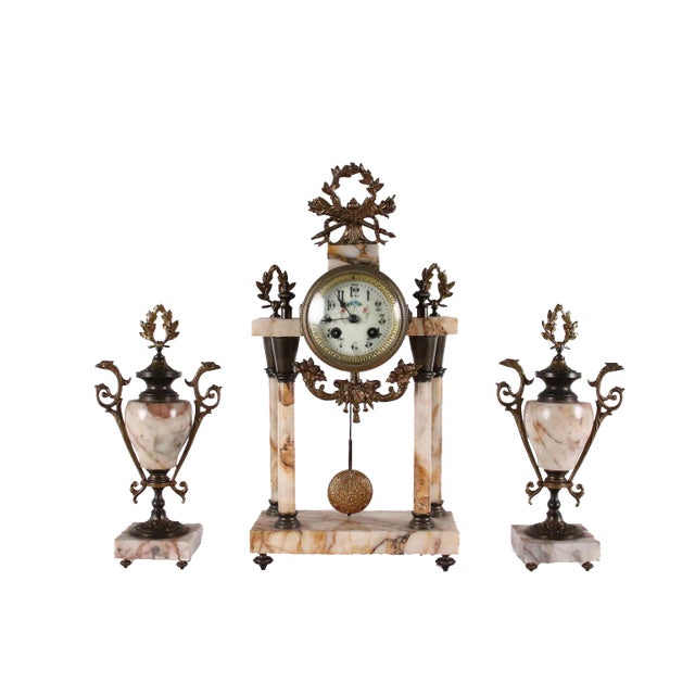 Marble & Bronze Clock with Cassolettes, Set of 3 For Sale